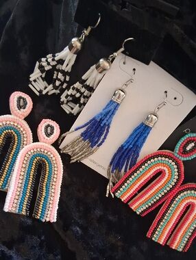 paparazzi Cream and Black Fringe Tassel Earrings with Pink Edge